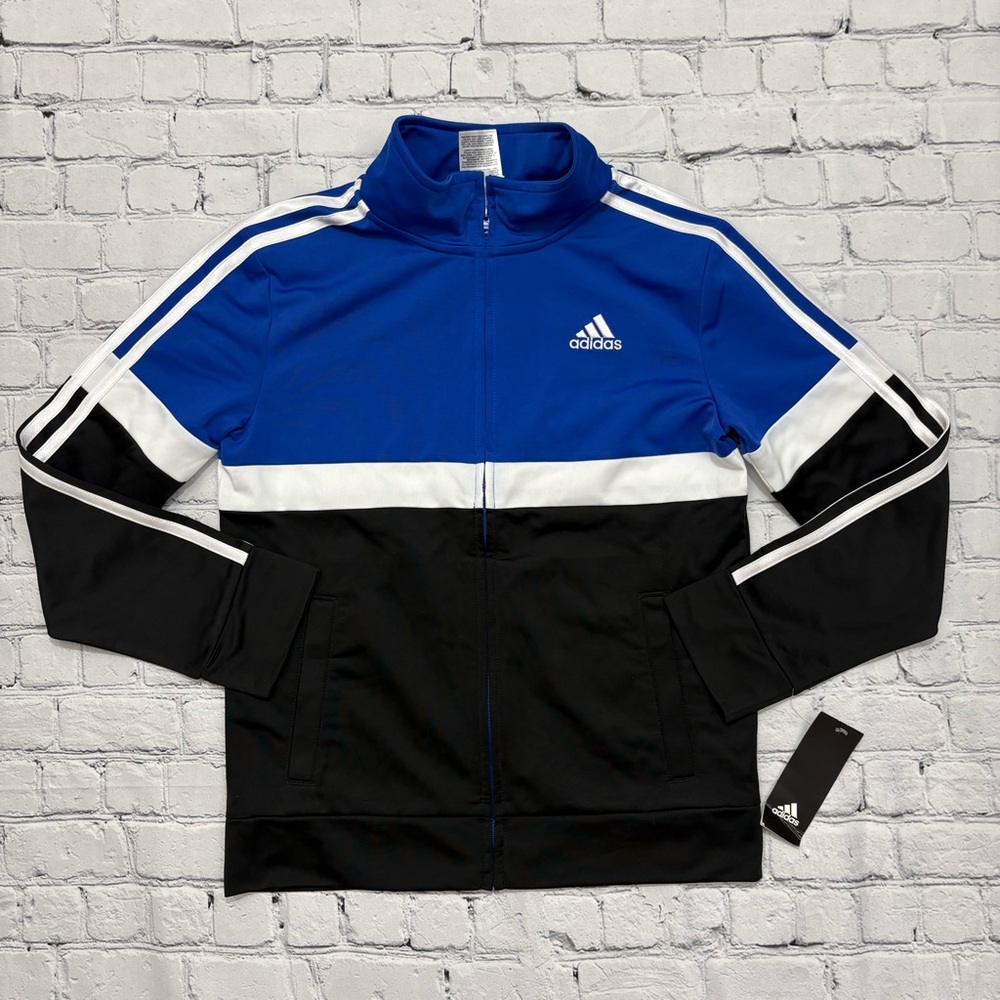 Adidas Jacket Kids M 10/12 Blue Black White Zip Track Athletic Three Stripe NWT